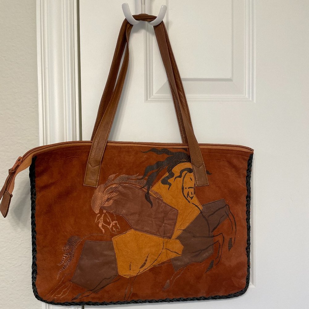 Vintage CHAR Hand painted Suede Leather Bag 70s or 80's with Wild Horses